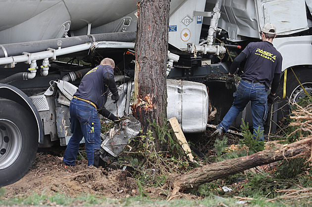 Kamion vyletěl z D1 do lesa, řidič za volantem zřejmě usnul. Škoda přesáhla milion
